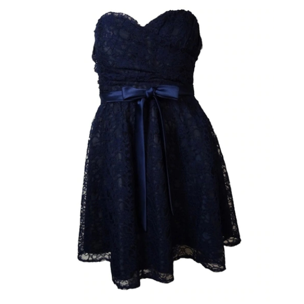 Marina Women Belted Lace Sweetheart Strapless Dress Navy Size 8